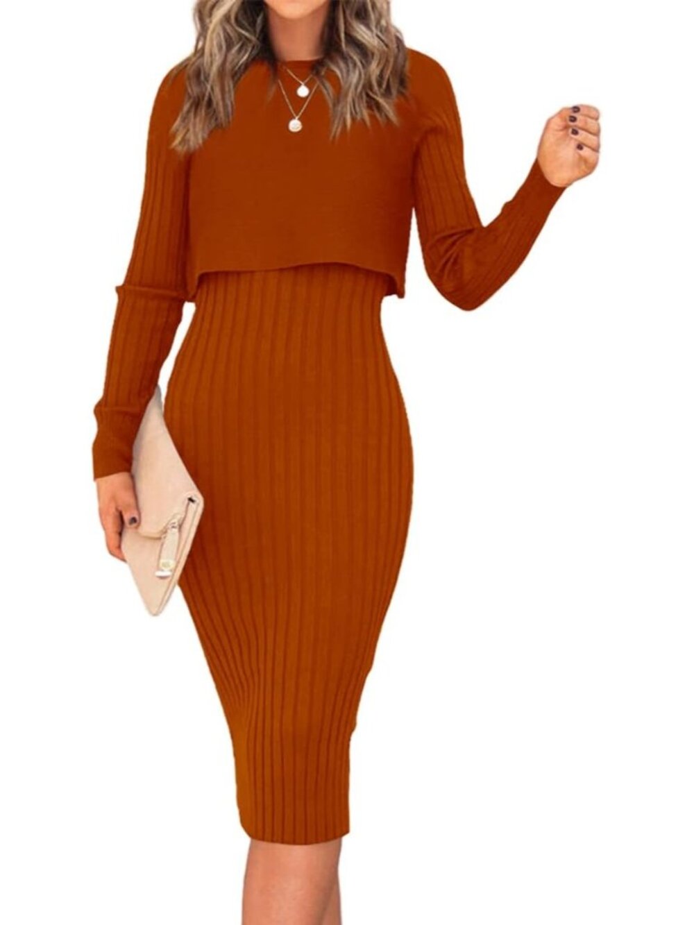 🆕 Women's Rust Orange Ribbed Knit Crop Top and Midi Bodycon Dress Set